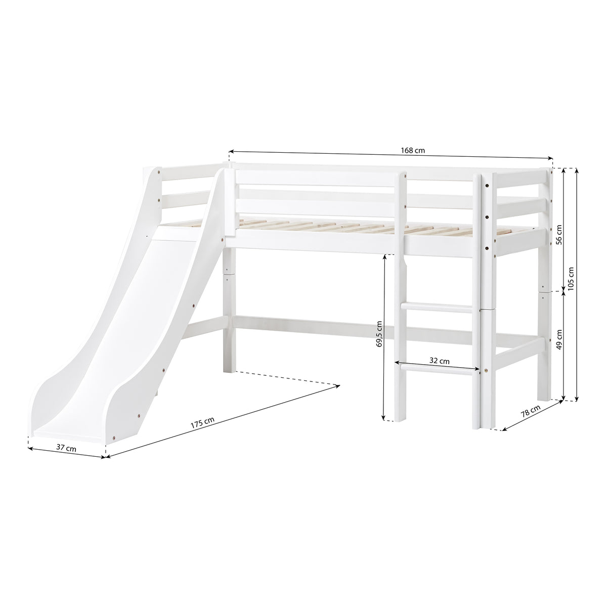 Hoppekids, ECO Dream, Parvisänky Liukumäellä (Muunneltava) 70x160 cm, White