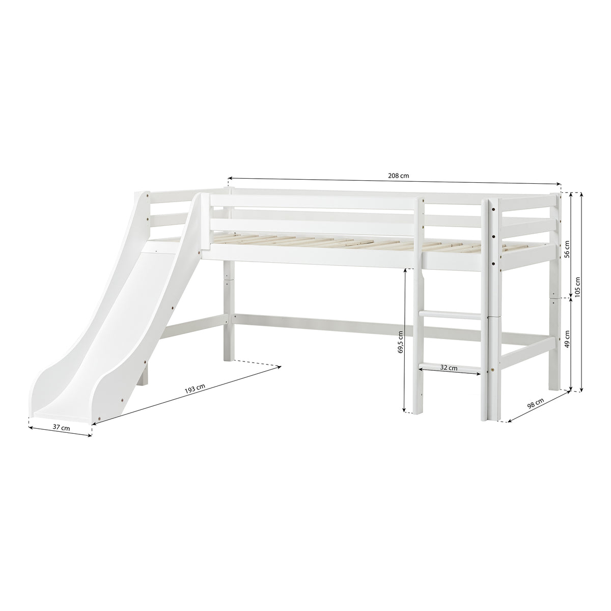 Hoppekids, ECO Dream, Loft Bed with Slide (Convertible) 90x200 cm, White