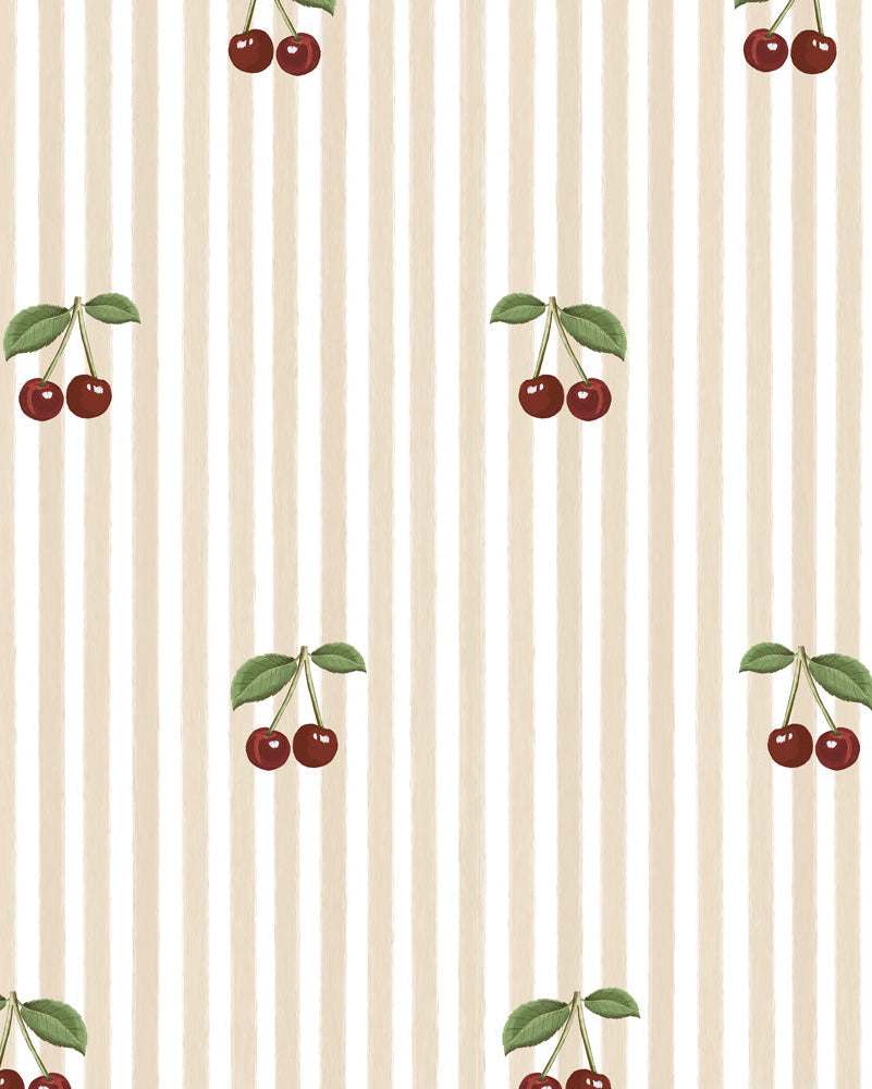 Little Cherries on Pink Stripes, Wallpaper
