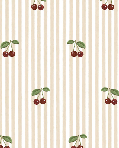 Little Cherries on Pink Stripes, Wallpaper