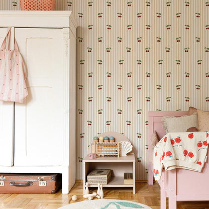 Little Cherries on Pink Stripes, Wallpaper