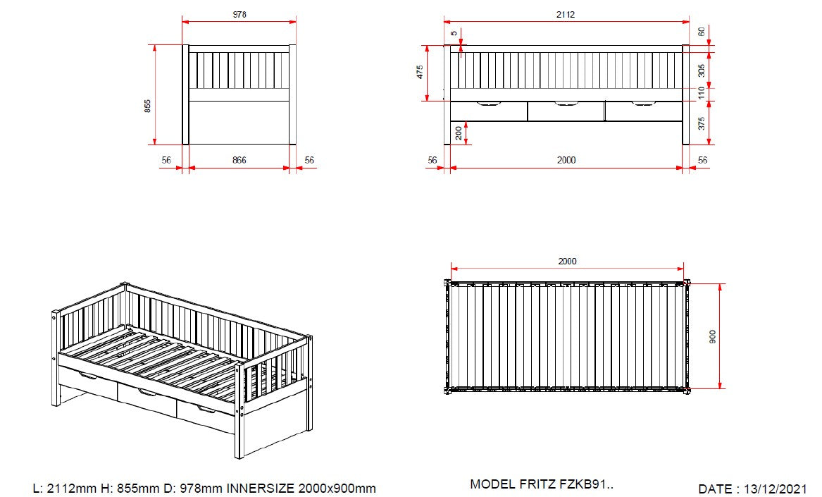 Vipack, Fritz, Bed 90x200cm, Milky Pine