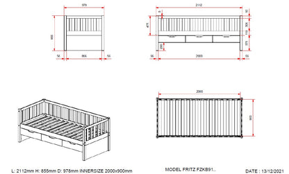 Vipack, Fritz, Bed 90x200cm, Milky Pine