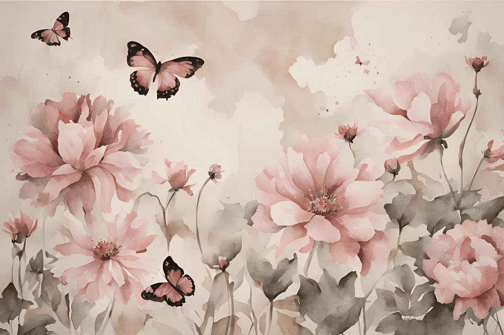 Photo wallpaper, Peonies and Butterflies