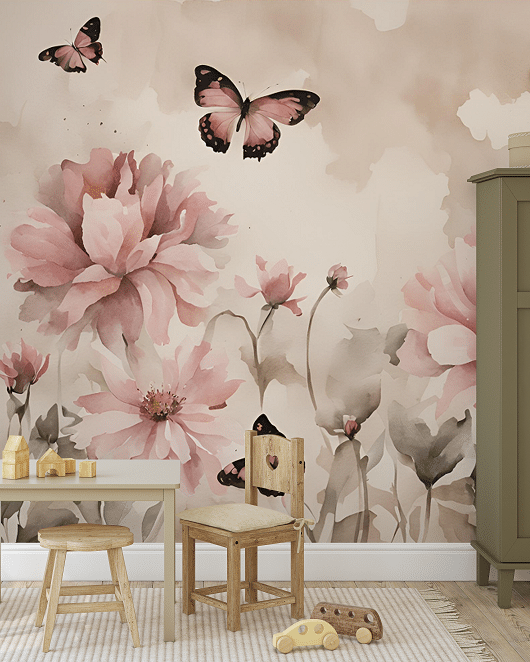 Photo wallpaper, Peonies and Butterflies